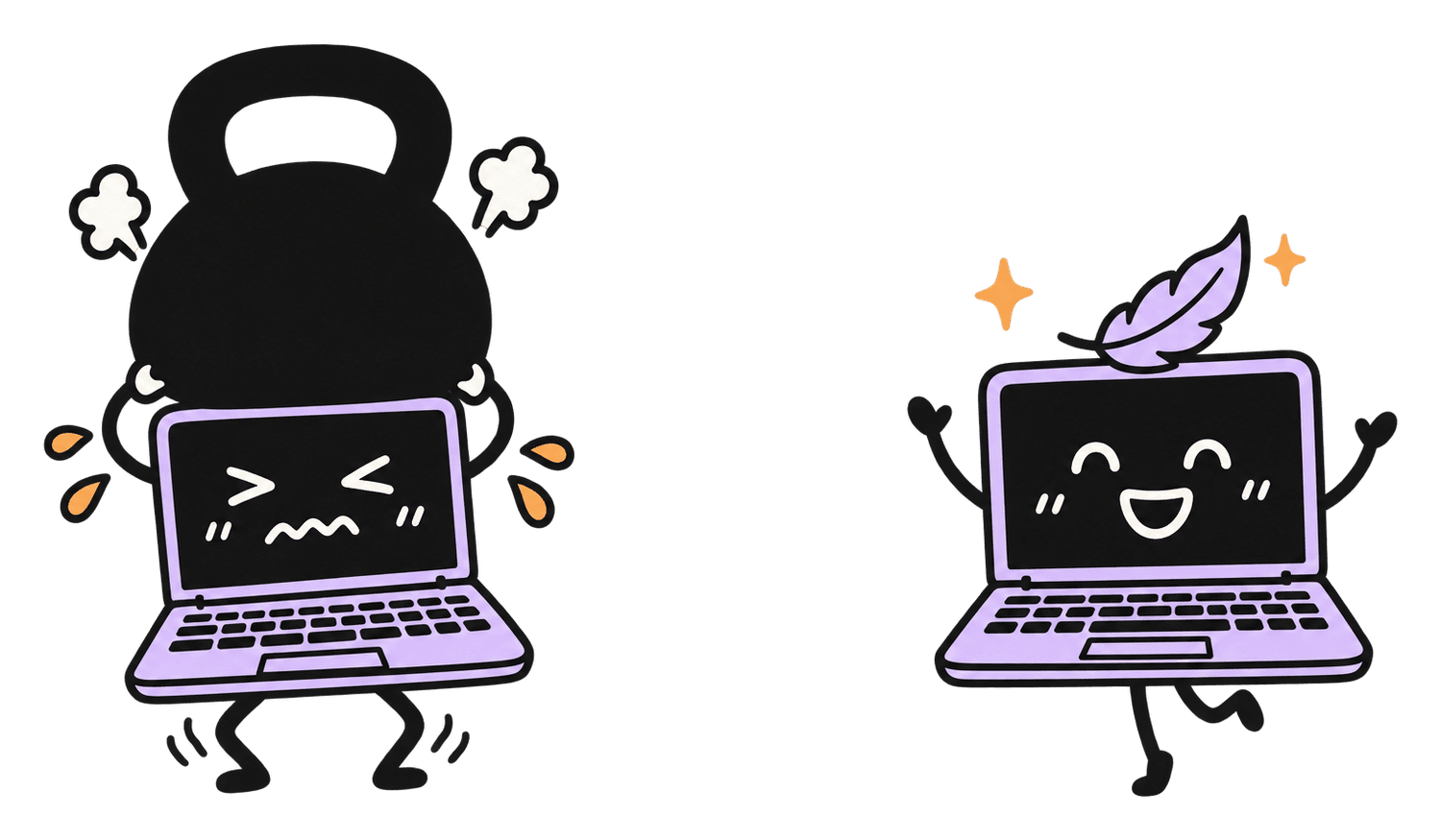 Two cartoon laptops: one buckling under a heavy kettlebell, one standing tall with a feather on its lid.